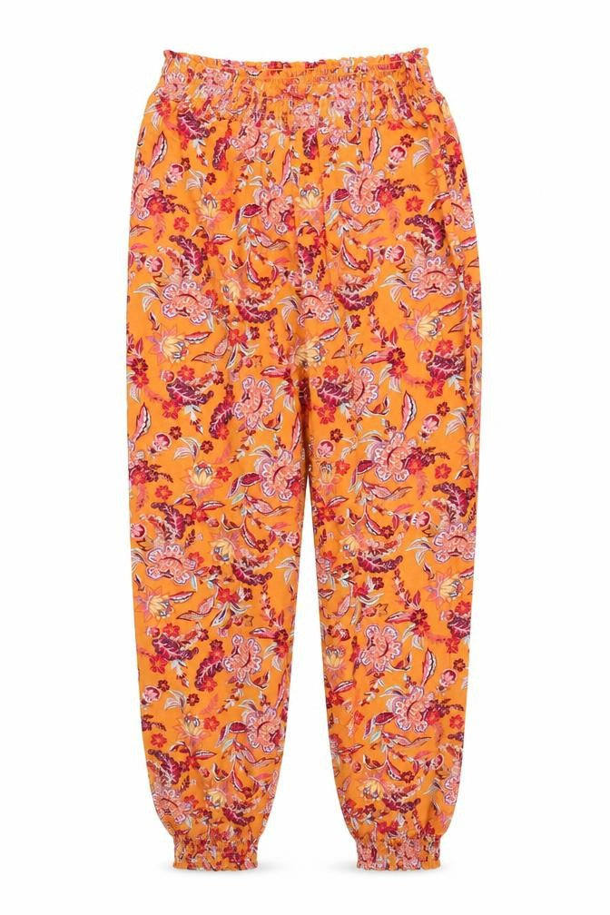 Front view of Tu women’s orange floral bloomer trousers, size UK 8, 29-inch leg