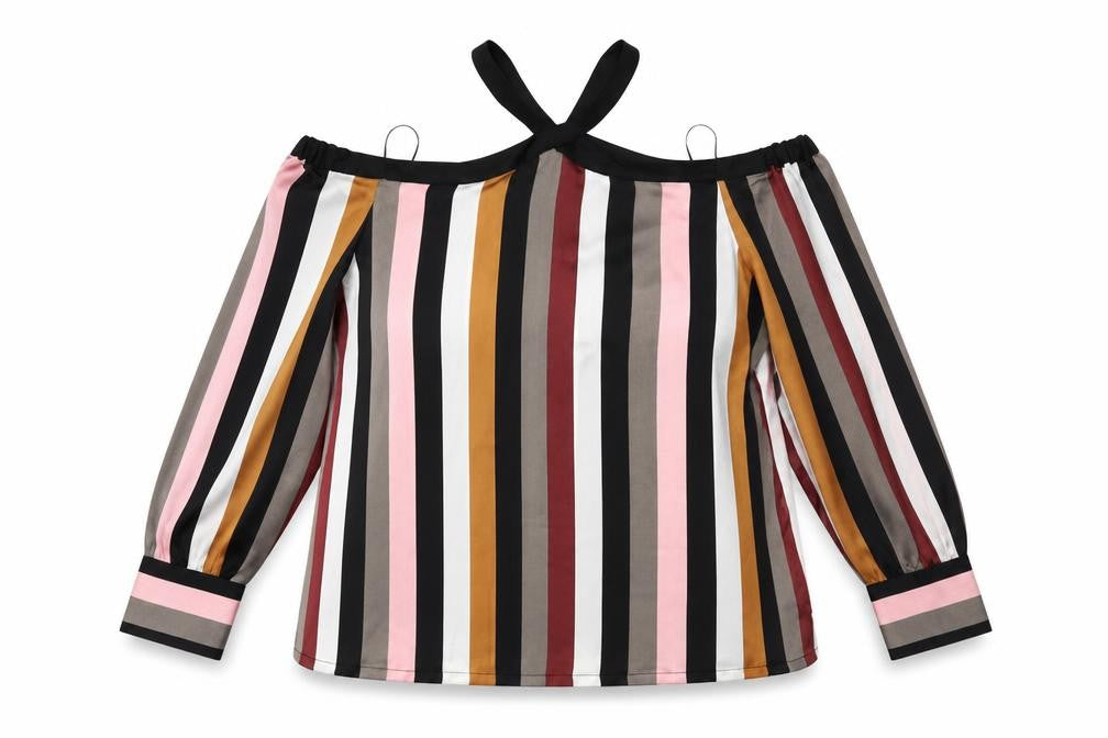 Front view of LOFT women’s multicoloured striped satin basic blouse, size M