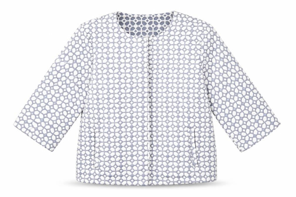 Front view of Influence women’s grey geometric quilted jacket, size UK 10