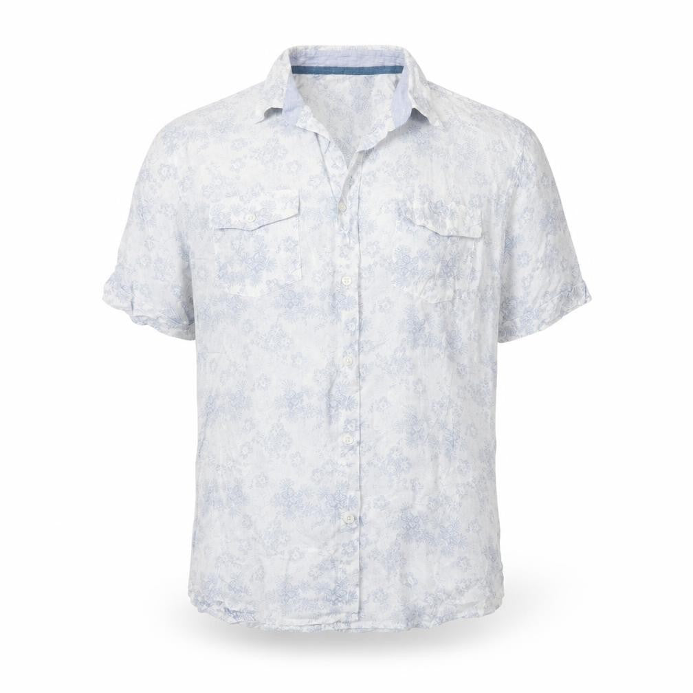 Front view of Sand stone men’s white floral button-up, size L