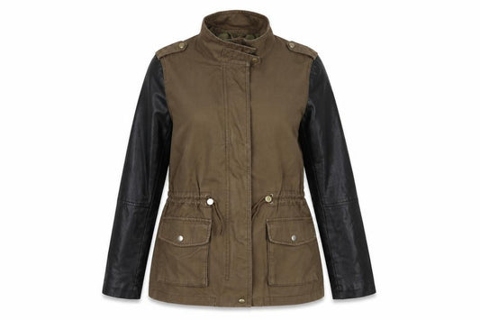 Front view of H&M women’s green jacket, size UK 8, - leather look sleeves