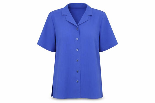 Front view of Fisser women’s blue basic blouse, size UK 12