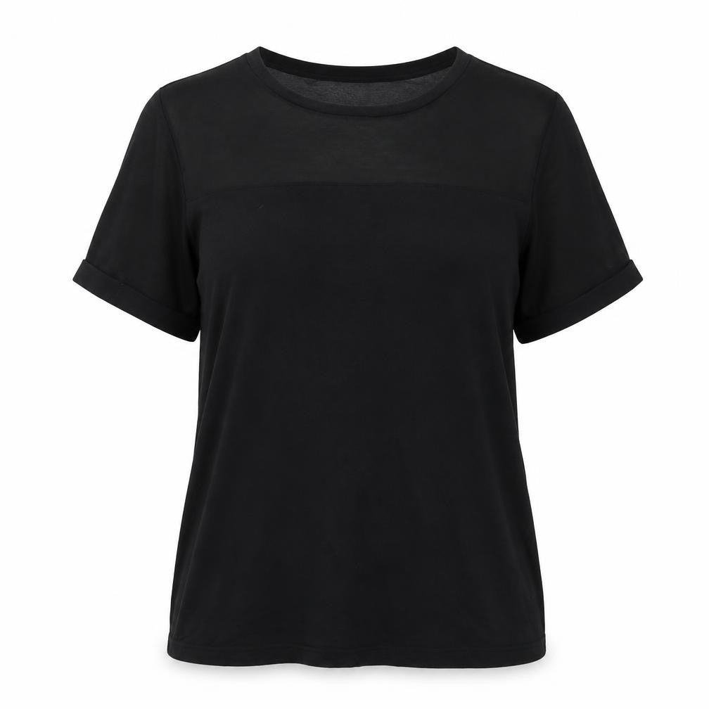 Front view of Warehouse women’s black basic blouse, size UK 12, - sheer detail