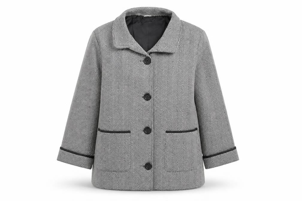 Front view of Anne De Lancay women’s black geometric jacket, size UK 46