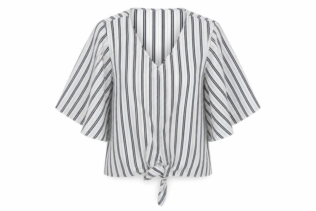 Front view of F&F women’s white striped basic blouse, size UK 10
