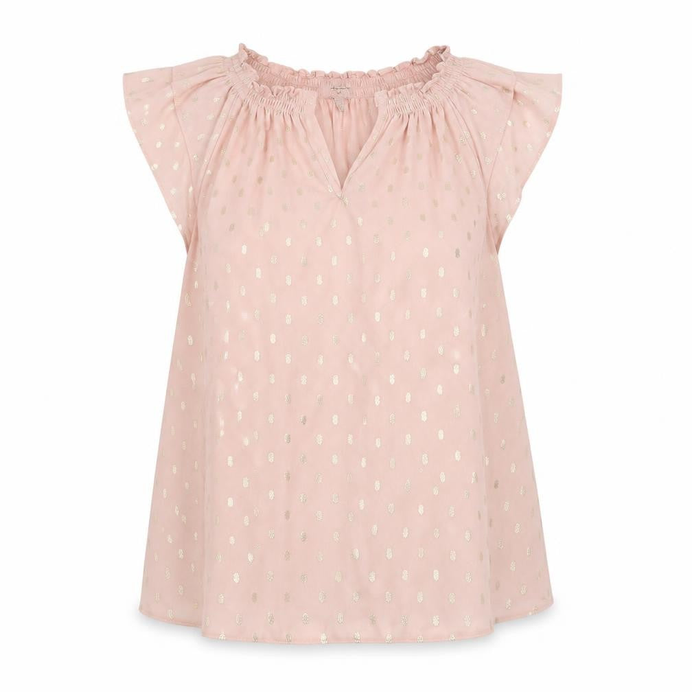 Front view of Dorothy Perkins women’s pink polka dot mesh basic blouse, size UK 8