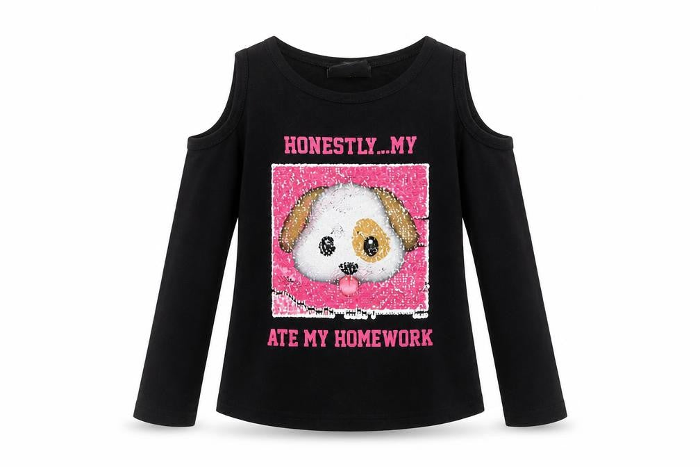 Front view of Young Dimension girls’ black basic t-shirt, size 7-8, years - open shoulders