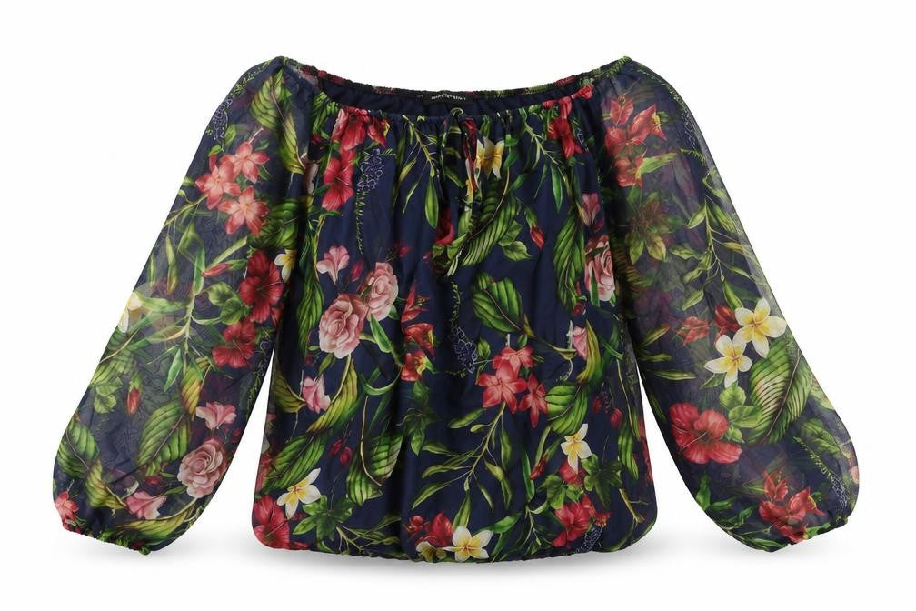 Front view of Preworn women’s blue floral basic blouse, size M