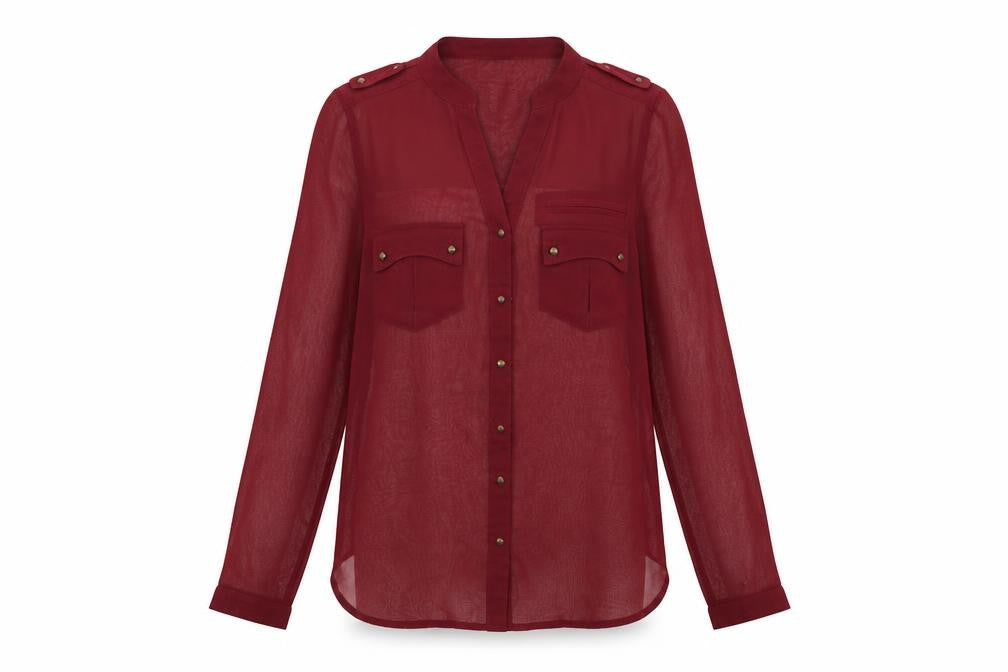 Front view of iNFLUENCE women’s red basic button-up, size UK 10