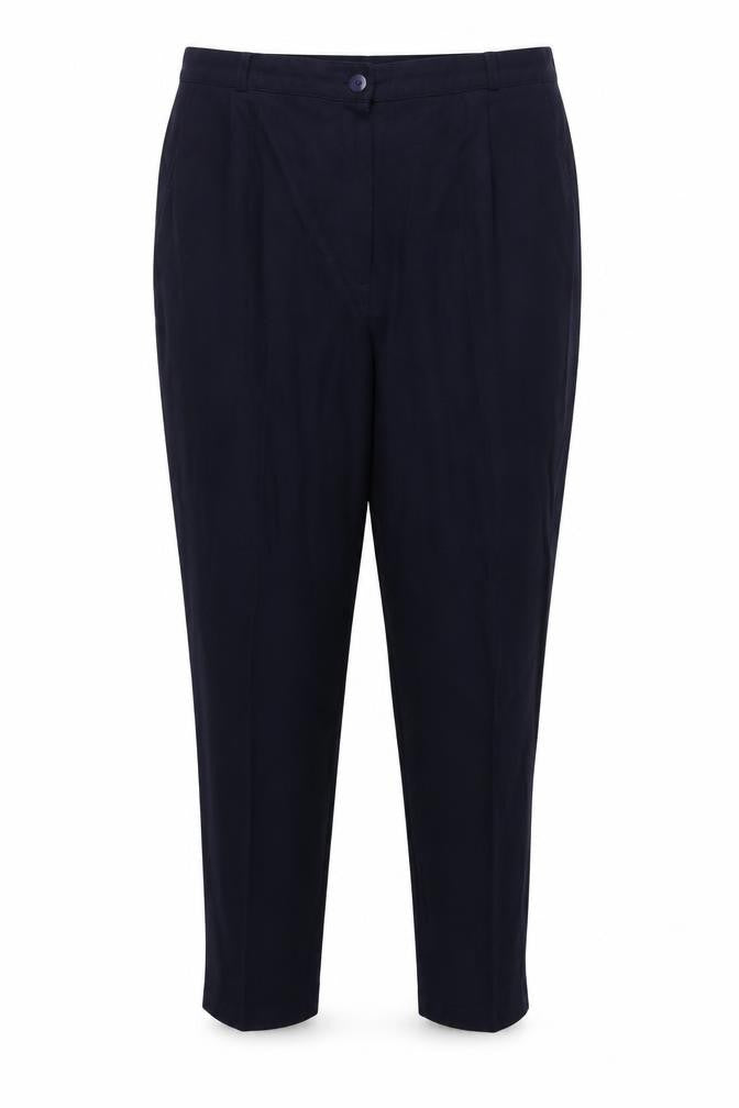 Front view of Plus Collection women’s blue trousers, size UK 16, 30-inch leg