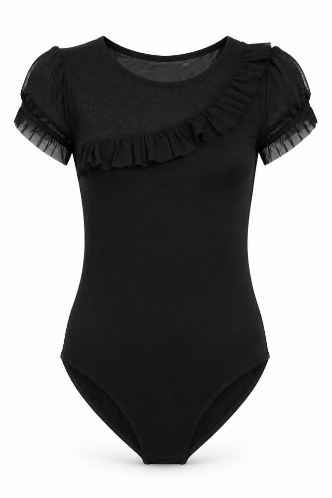 Front view of Miss Selfridge women’s black leotard one-piece, size UK 8