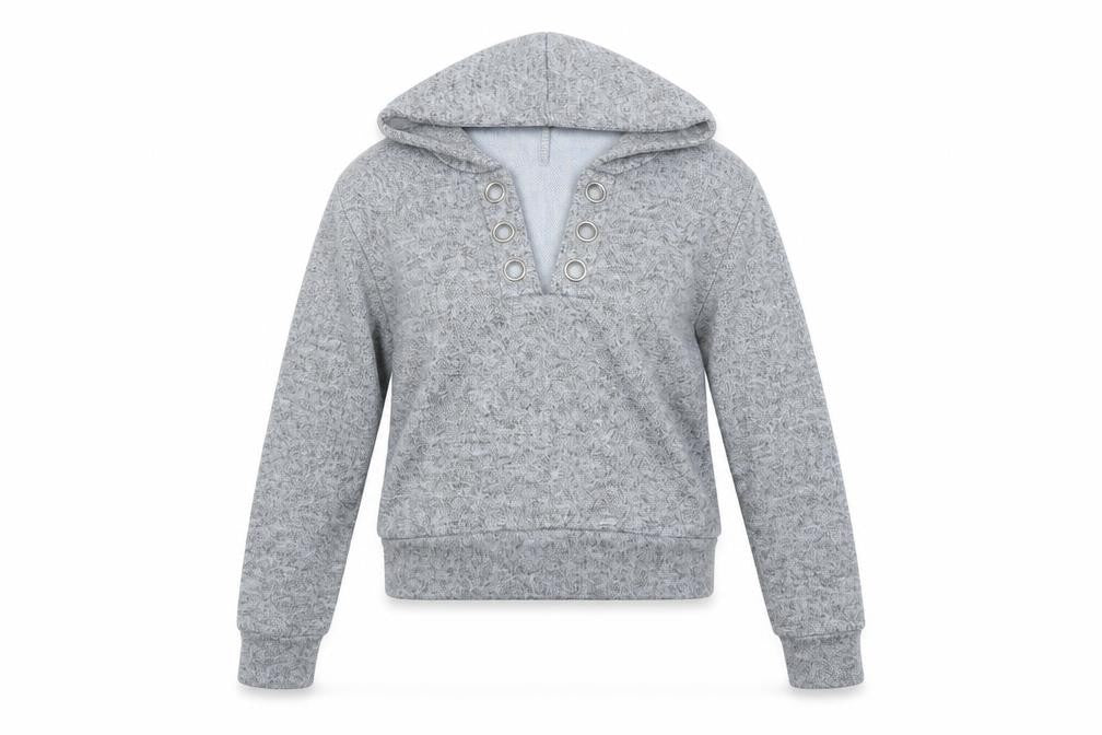 Front view of Misspap women’s grey pullover hoodie, size M, - croped