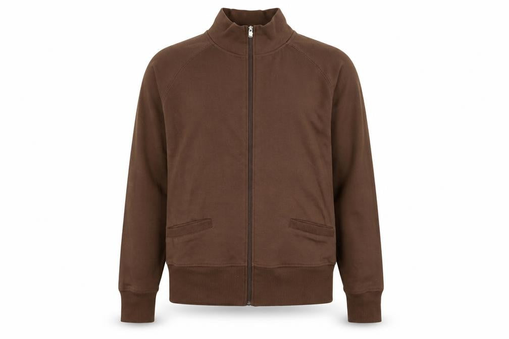 Front view of Vivod women’s brown jersey full zip sweatshirt, size UK 12
