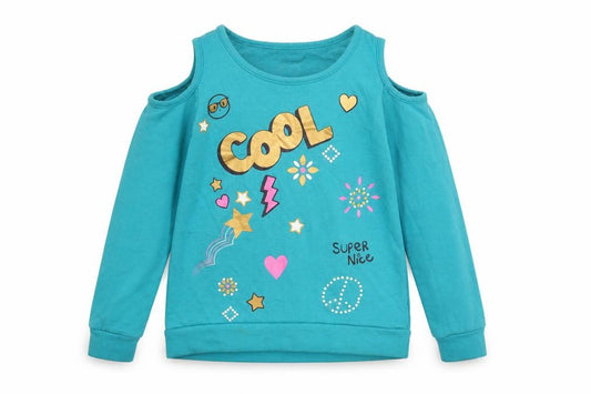 Front view of Kidtopia girls’ blue jumper, size 7-8, years - shoulder cut out