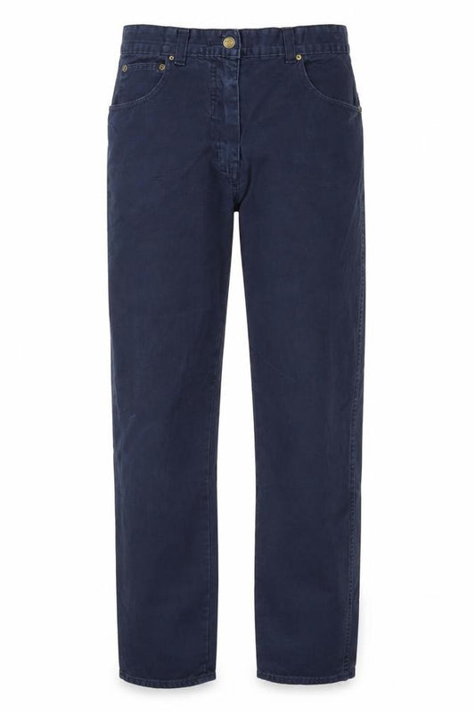 Front view of Department girl men’s blue chino trousers, size 30, in, 28-inch leg