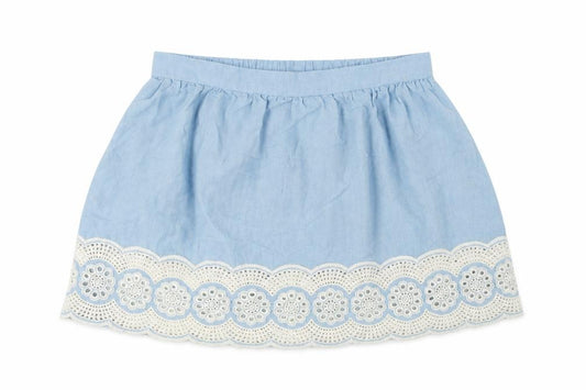 Front view of Denim & Co. women’s blue flare skirt, size UK 12