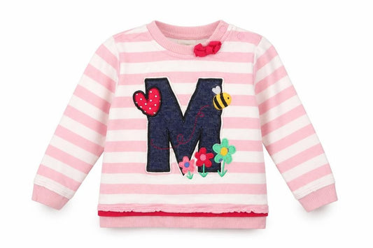 Front view of Mini Klub girls’ pink striped jumper, size 9-12, months