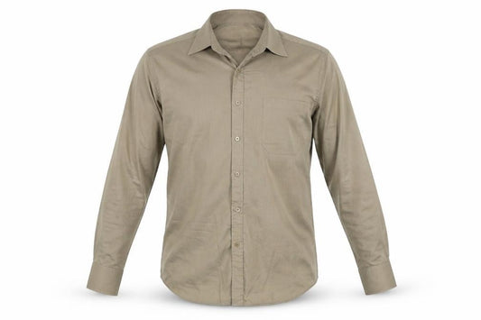 Front view of Burton men’s beige button-up, size 16