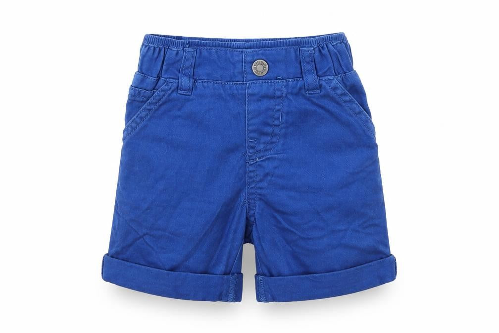 Front view of m boys’ blue capri trousers, size 9-12, months