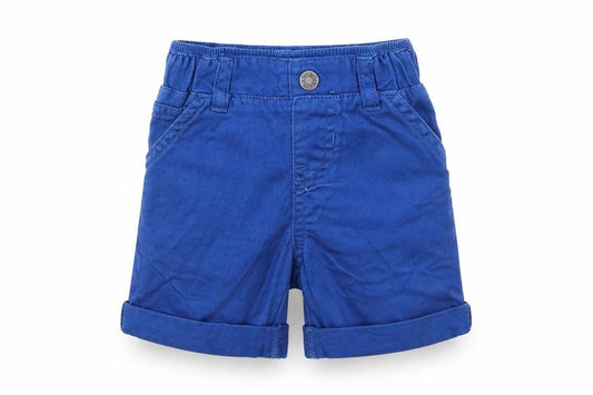 Front view of m boys’ blue capri trousers, size 9-12, months