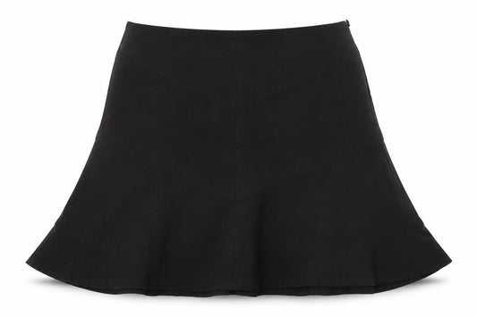 Front view of LOFT women’s black flare skirt, size UK 6, - stretch waistband
