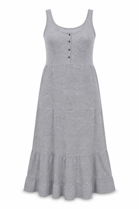 Front view of Papaya women’s blue striped a-line, size UK 10, - frill detail
