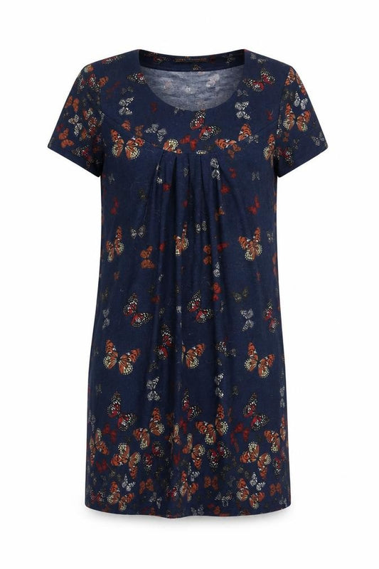 Front view of QED London women’s blue jumper dress, size S, - butterflies