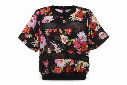 Front view of Primark women’s black floral basic blouse, size UK 6, - sheer