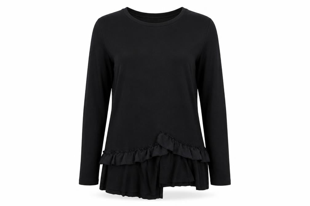 Front view of River Island women’s black basic t-shirt, size UK 8, - ruffle hem