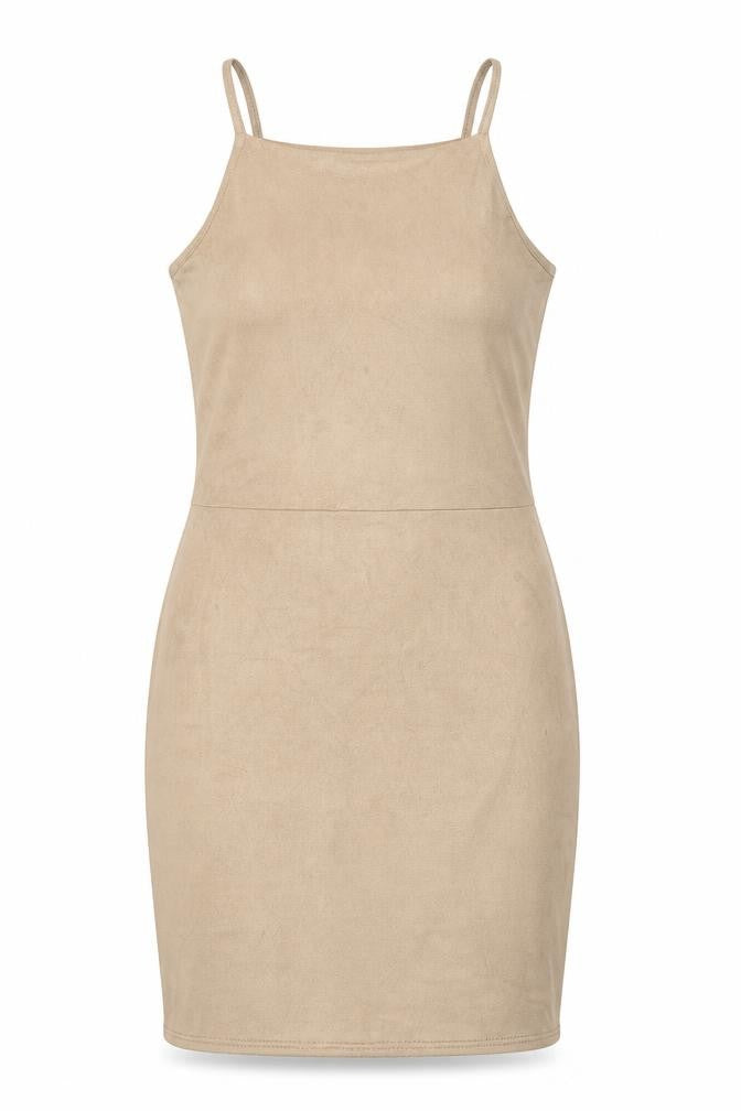 Front view of Boohoo women’s beige sheath, size UK 12