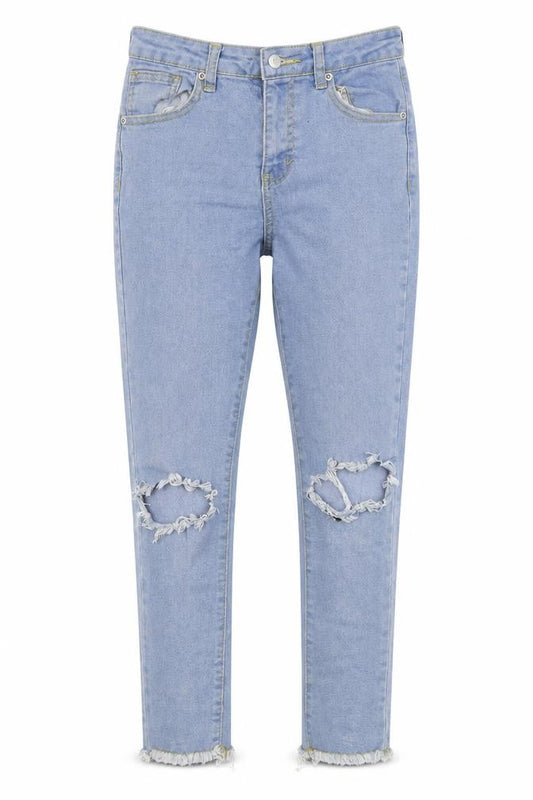 Front view of Boohoo women’s blue cropped jeans, size UK 10, 24-inch leg