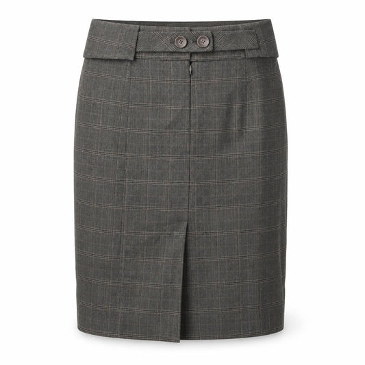Front view of Preworn women’s brown check bandage skirt, size UK 30, in