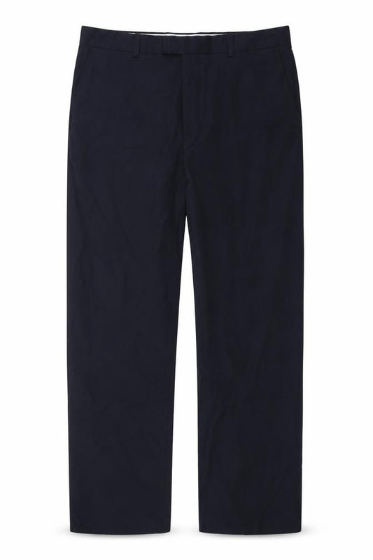 Front view of Preworn men’s blue trousers, size 36, in, 30-inch leg