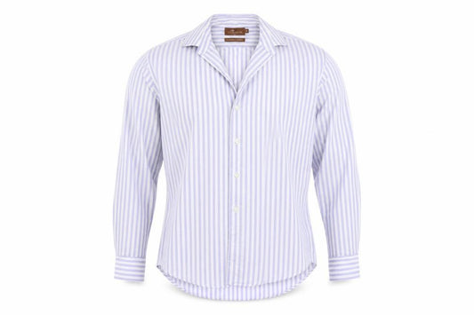 Front view of Marks & Spencer men’s blue striped dress shirt, size M
