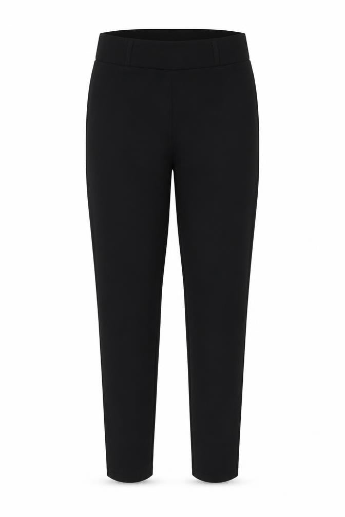 Front view of PRETTYLITTLETHING women’s black trousers, size UK 12, 24-inch leg