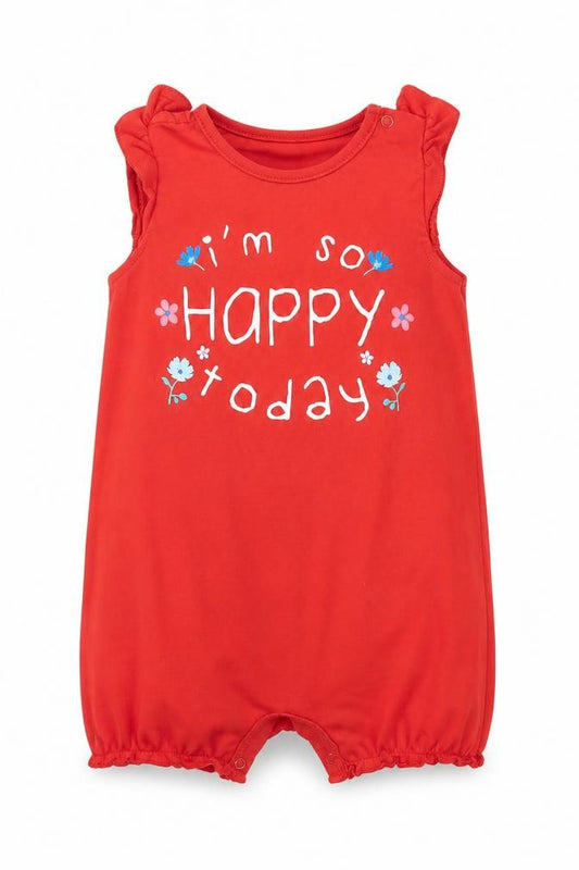 Front view of LC Waikiki girls’ red babygrow one-piece, size 12-18, months - i'm so happy today