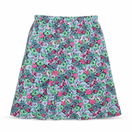 Front view of Preworn women’s multicoloured floral swing skirt, size UK 33, in - blue pink and green flowers