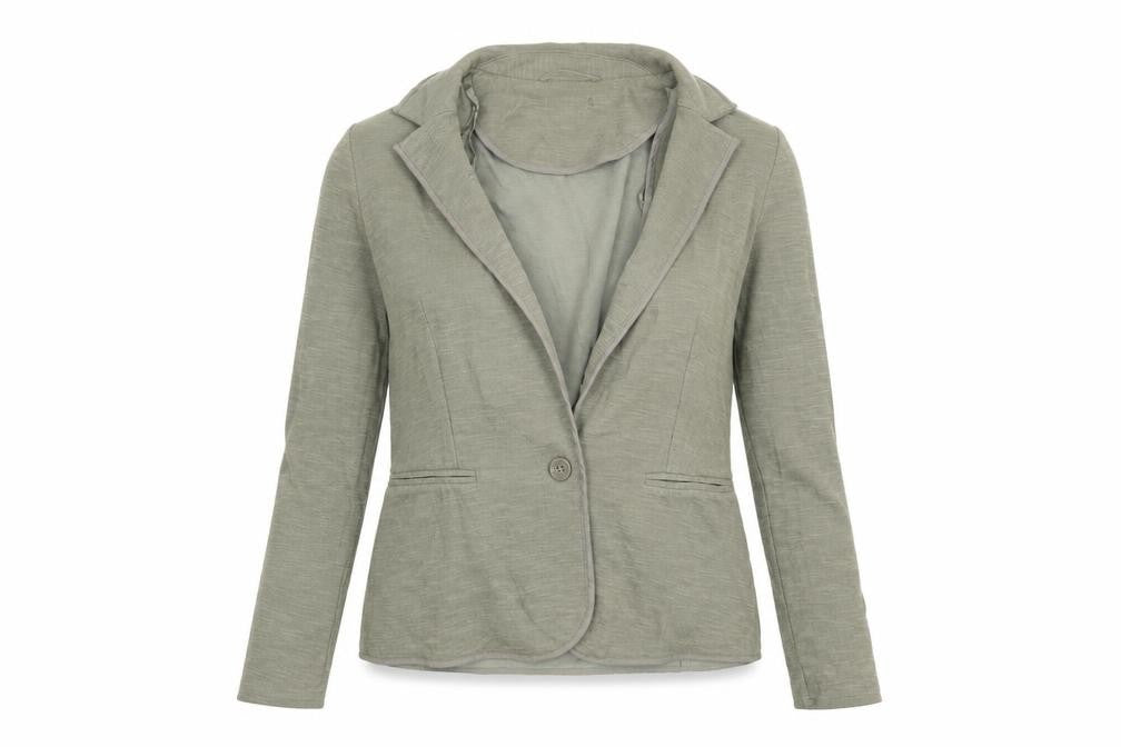 Front view of New Look women’s green jersey jacket, size UK 8