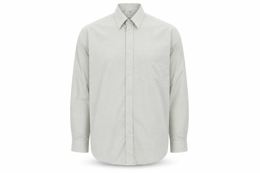 Front view of Copper Stone men’s grey check polo, size 16.5