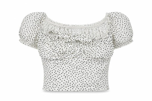 Front view of PRETTYLITTLETHING women’s white polka dot basic blouse, size UK 6