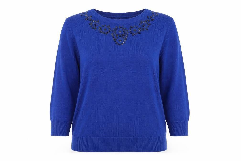Front view of Anthology women’s blue knit jumper, size UK 12