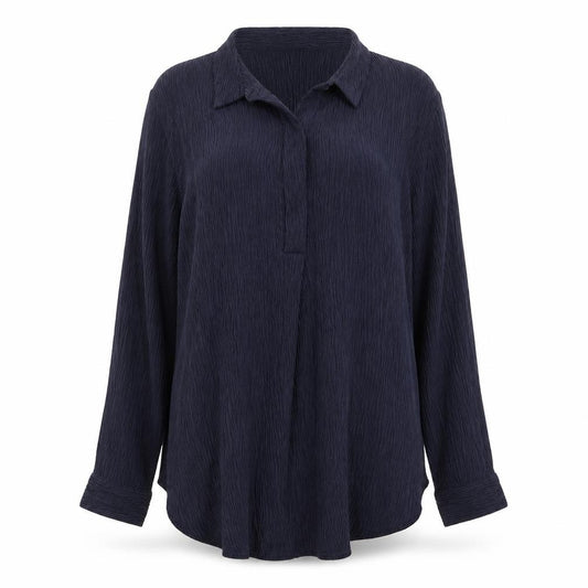 Front view of riva women’s blue basic button-up, size S
