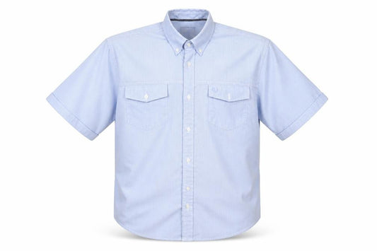 Front view of licoln men’s blue striped polo, size L