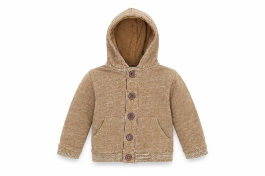 Front view of Preworn boys’ brown cardigan hoodie, size 2-3, years