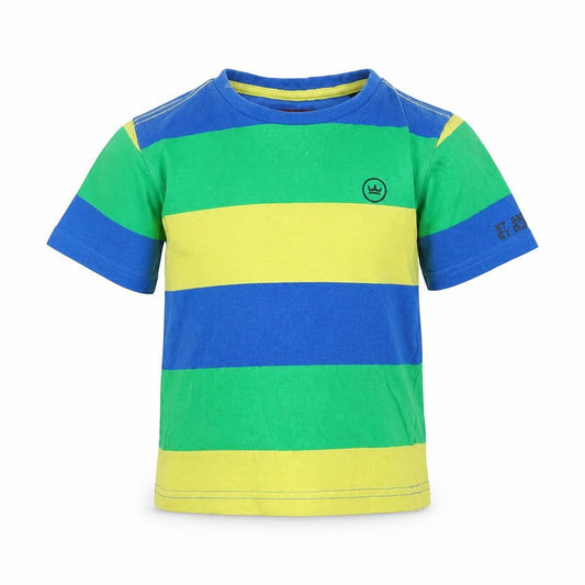 Front view of Duffer boys’ multicoloured striped basic t-shirt, size 5, years