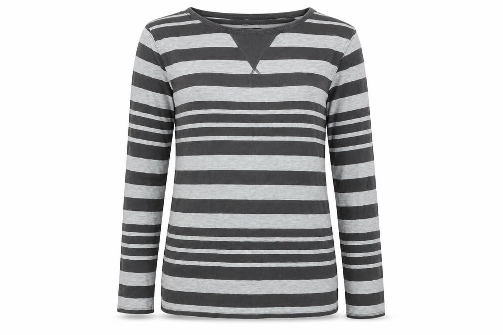 Front view of kiin women’s grey striped basic t-shirt, size UK 12