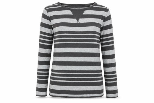 Front view of kiin women’s grey striped basic t-shirt, size UK 12