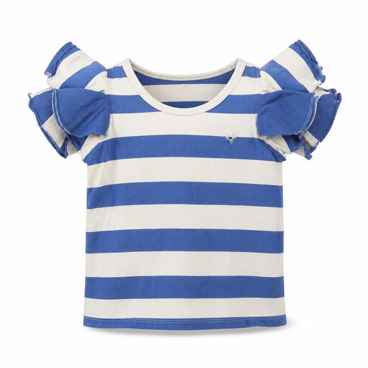Front view of Preworn boys’ blue striped basic t-shirt, size 5-6, years
