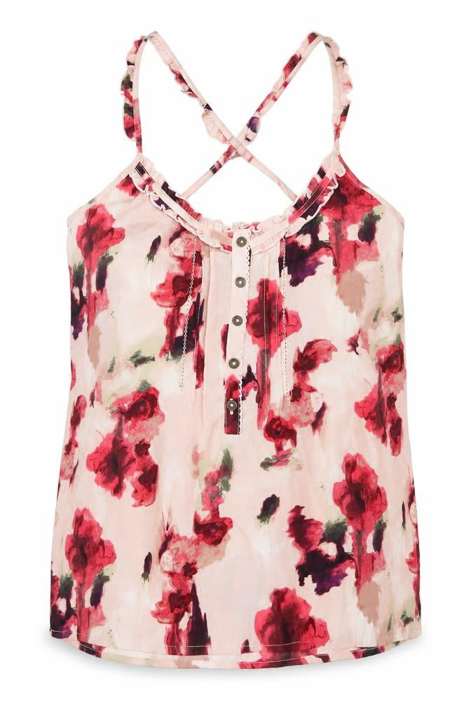 Front view of La Redoute women’s pink floral basic tank, size UK 10