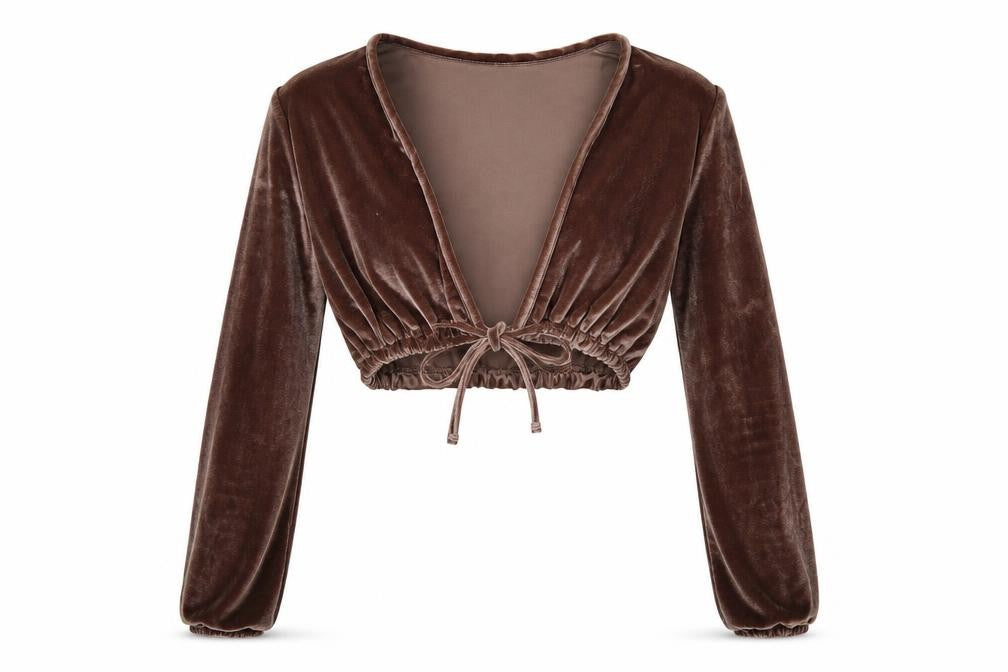 Front view of PRETTYLITTLETHING women’s brown cropped blouse, size UK 6, - cropped